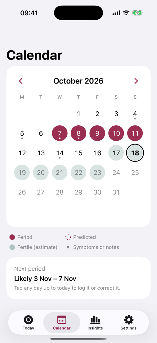 Stillmoon's calendar showing a logged period and the predicted fertile window